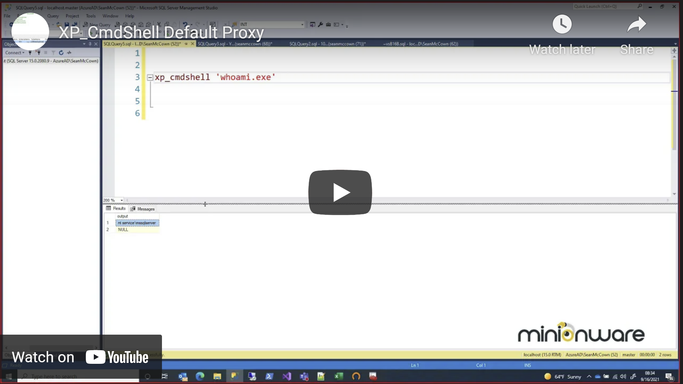 Most DBAs don't think of it, but xp_cmdshell has a default proxy account. In fact, this proxy is responsible for its permissions, and actually follows Microsoft's current external script security strategy. So xp_cmdshell isn't unique and it doesn't do anything special security-wise.Here you'll see how to test which credentials xp_cmdshell is using. It's actually pretty easy.