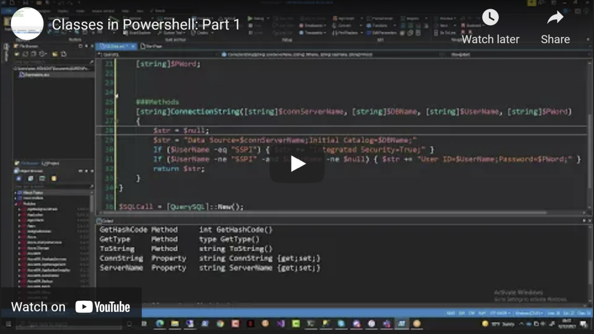Beginning tutorial on writing classes in powershell.